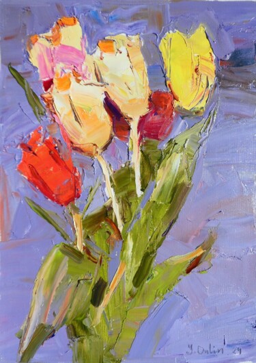 Painting titled "Tulips"" by Yehor Dulin, Original Artwork, Oil Mounted on Wood Stretcher frame