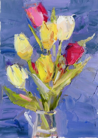 Painting titled "Flowers Tulips" by Yehor Dulin, Original Artwork, Oil Mounted on Wood Stretcher frame