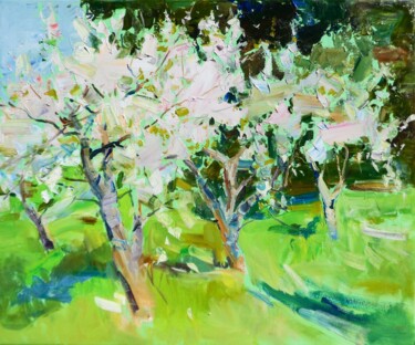 Painting titled ""Apple orchard "" by Yehor Dulin, Original Artwork, Oil Mounted on Wood Stretcher frame