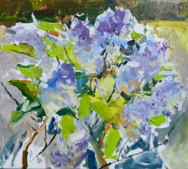 Painting titled "Lilac Blossoms" by Yehor Dulin, Original Artwork, Oil Mounted on Wood Stretcher frame