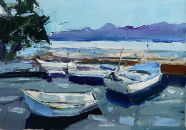 Painting titled ""Boats"" by Yehor Dulin, Original Artwork, Oil Mounted on Wood Stretcher frame