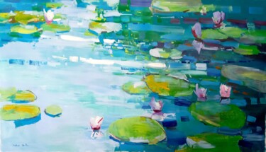 Painting titled "" Water lilies "" by Yehor Dulin, Original Artwork, Oil Mounted on Wood Stretcher frame