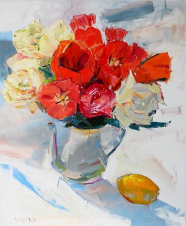 Painting titled "" Tulips"" by Yehor Dulin, Original Artwork, Oil Mounted on Wood Stretcher frame