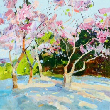 Painting titled "" Spring garden"" by Yehor Dulin, Original Artwork, Oil Mounted on Wood Stretcher frame