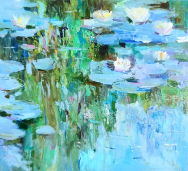 Картина под названием "Water lilies painti…" - Yehor Dulin, Подлинное произведение искусства, Масло Установлен на Деревянная…