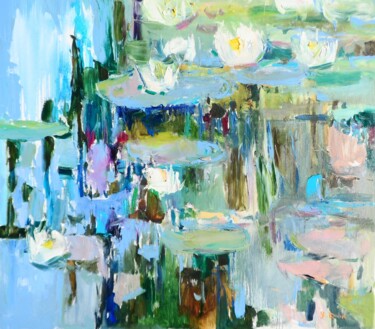 Painting titled "Water Lilies oil pa…" by Yehor Dulin, Original Artwork, Oil Mounted on Wood Stretcher frame