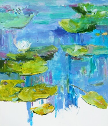 Картина под названием "Water lilies Landsc…" - Yehor Dulin, Подлинное произведение искусства, Масло Установлен на Деревянная…