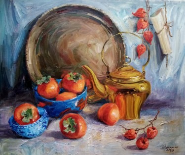 Painting titled "Физалис и хурма" by Elena Gagarina, Original Artwork, Oil