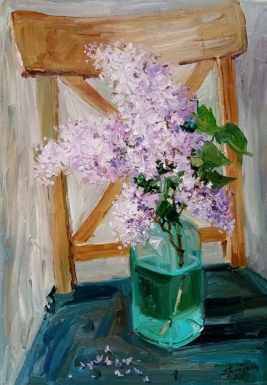 Painting titled "Ветка сирени" by Elena Gagarina, Original Artwork, Oil