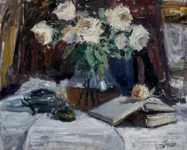 Картина под названием ""Книжные розы"" - Елена Гагарина, Подлинное произведение искусства, Масло Установлен на Деревянная ра…