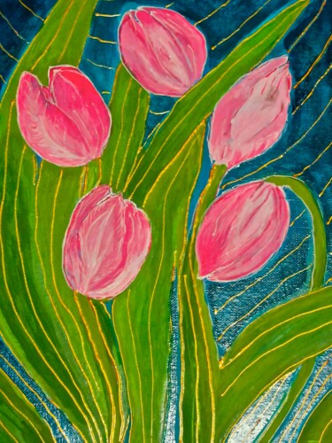 Painting titled "Tulips with golden…" by Yelena Mazour-Matusevich, Original Artwork, Acrylic