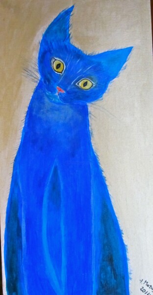 Painting titled "Blue kitten" by Yelena Mazour-Matusevich, Original Artwork, Acrylic Mounted on Wood Stretcher frame