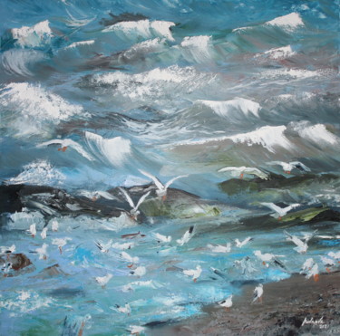 Painting titled "Seagulls" by Elena Minkova, Original Artwork, Oil Mounted on Wood Stretcher frame