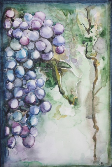 Painting titled "Grapes" by Elena Minkova, Original Artwork, Watercolor