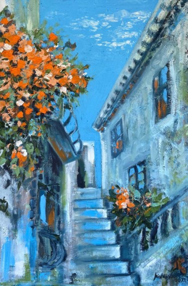 Painting titled "Italian courtyard" by Elena Minkova, Original Artwork, Oil