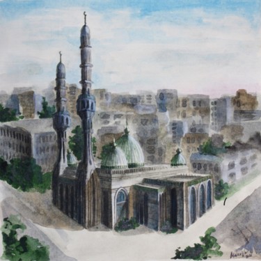 Painting titled "Al Nour Mosque" by Elena Minkova, Original Artwork, Watercolor Mounted on Cardboard