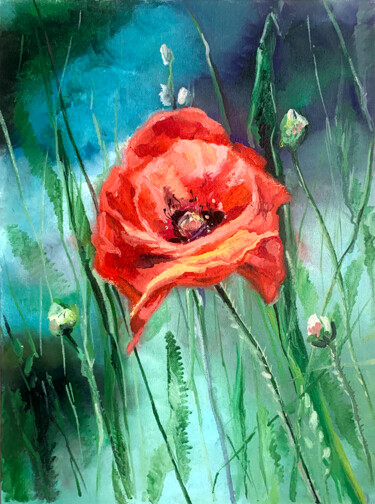 Painting titled "Blooming poppy on t…" by Yelena Rybalkina, Original Artwork, Oil Mounted on Cardboard