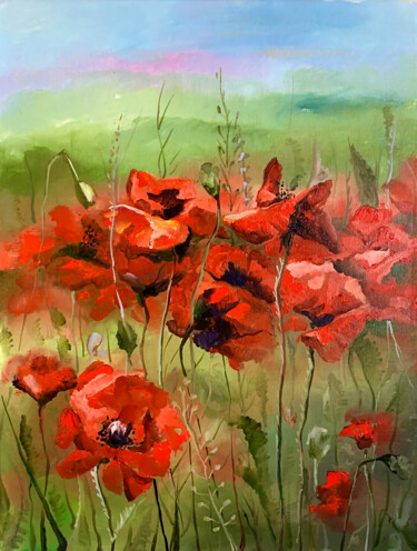Painting titled "Red poppies" by Yelena Rybalkina, Original Artwork, Oil Mounted on Cardboard