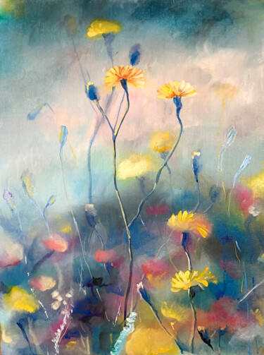 Картина под названием "Yellow dandelions" - Yelena Rybalkina, Подлинное произведение искусства, Масло Установлен на картон