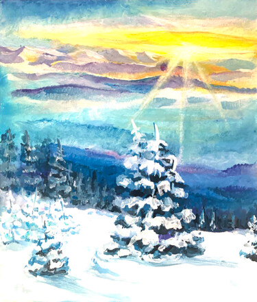 Pittura intitolato "Winter morning" da Yelena Rybalkina, Opera d'arte originale, Olio Montato su Cartone