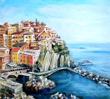 Painting titled "Italian town by the…" by Yelena Rybalkina, Original Artwork, Oil Mounted on Cardboard