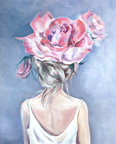Painting titled "Blonde girl with ro…" by Yelena Rybalkina, Original Artwork, Oil Mounted on Cardboard