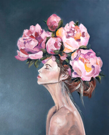 Painting titled "The girl is a peony" by Yelena Rybalkina, Original Artwork, Oil Mounted on Cardboard