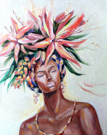 Painting titled "African woman with…" by Yelena Rybalkina, Original Artwork, Oil Mounted on Cardboard