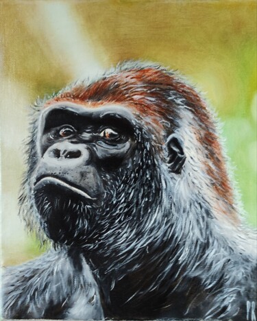 Painting titled "Gorille" by Patricia Rospert, Original Artwork, Oil Mounted on Wood Stretcher frame
