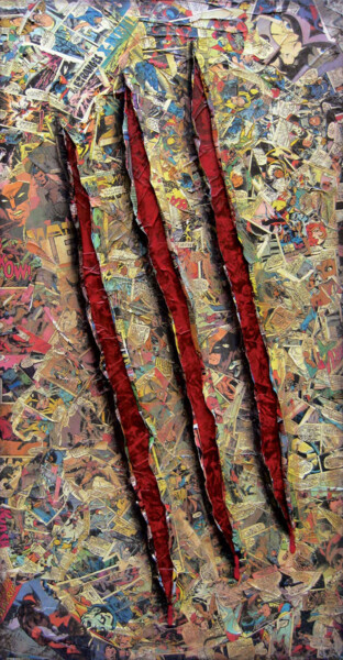 제목이 "Serval"인 콜라주 Yen'P (Paul Sandrine) Disponible Galerie Assouline Paris 16로, 원작, 콜라주 나무 들것 프레임에 장착됨