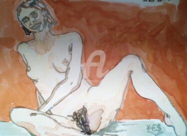 Dessin intitulée "nue sur fond orange" par Yes, Œuvre d'art originale, Encre
