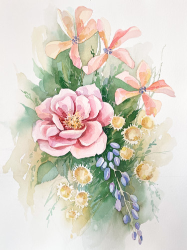 Картина под названием "Summer bouquet" - Евгения Саламатина, Подлинное произведение искусства, Акварель