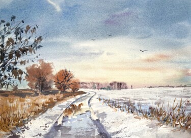 Картина под названием "Winter field-ORIGIN…" - Евгения Саламатина, Подлинное произведение искусства, Акварель