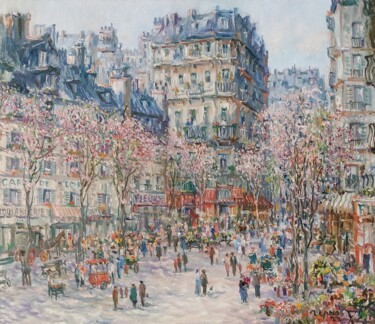 Painting titled "Spring in the Paris" by Yevhenii Chernov, Original Artwork, Oil Mounted on Wood Stretcher frame