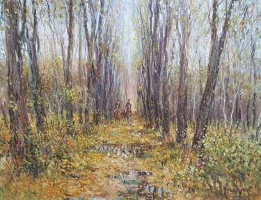 Painting titled "Autumn morning" by Yevhenii Chernov, Original Artwork, Oil Mounted on Wood Stretcher frame