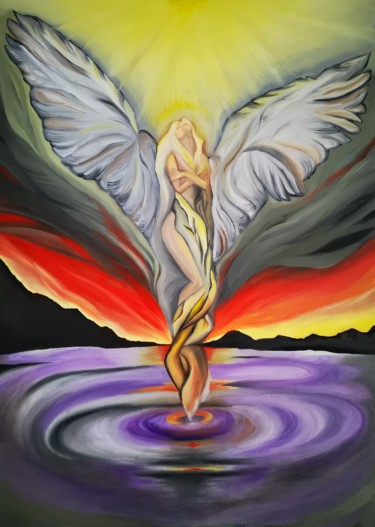 Schilderij getiteld "The Archangel" door Yeyaiel, Origineel Kunstwerk, Olie Gemonteerd op Frame voor houten brancard