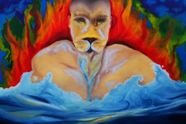 Pintura intitulada "Lion Man" por Yeyaiel, Obras de arte originais, Óleo Montado em Armação em madeira
