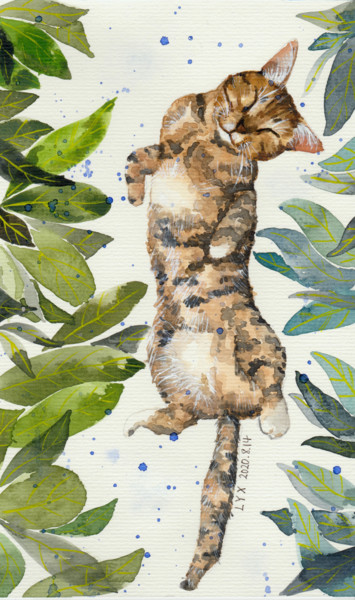 Peinture intitulée "cat and flower" par Yixuan Li Tetart, Œuvre d'art originale, Aquarelle