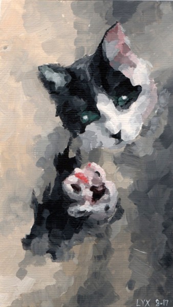 Painting titled "Cat behind the glass" by Yixuan Li Tetart, Original Artwork, Gouache