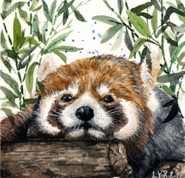 Painting titled "Small panda" by Yixuan Li Tetart, Original Artwork, Watercolor Mounted on Wood Stretcher frame