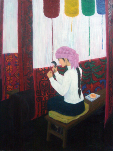 Pintura intitulada "织地毯的女孩" por Yi Zhang, Obras de arte originais, Têmpera