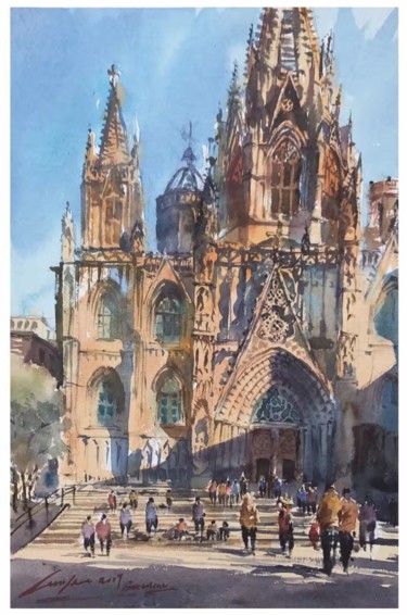 Pintura intitulada "Iglesia de Barcelon…" por Yile Lin, Obras de arte originais, Aquarela