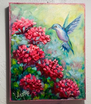 Painting titled "Hummingbird and pin…" by Yvette Andino, Original Artwork, Oil