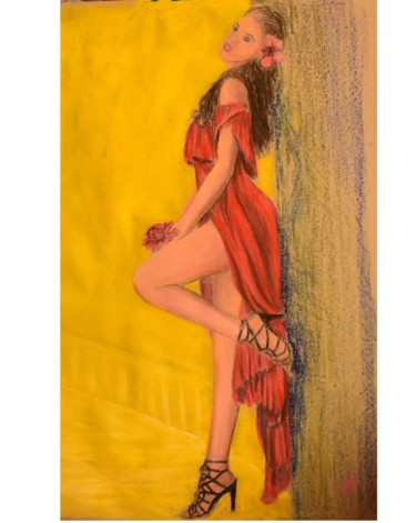 Drawing titled "Red dress" by Auzance Vertonn & Galathéis &..., Original Artwork, Conté