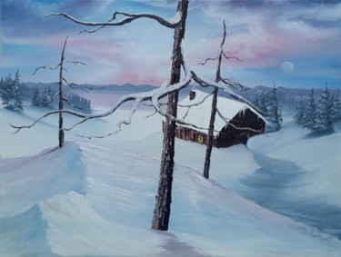 Painting titled "Happy Snow" by Yobe, Original Artwork, Oil Mounted on Wood Stretcher frame