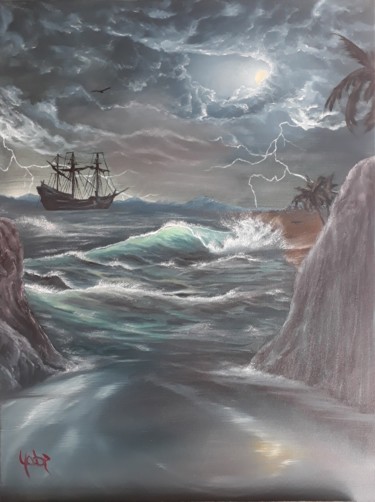 Pittura intitolato "Moon and Storm" da Yobe, Opera d'arte originale, Olio Montato su Telaio per barella in legno