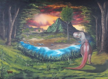 Painting titled "Wild world: T-rex" by Yobe, Original Artwork, Oil Mounted on Wood Stretcher frame