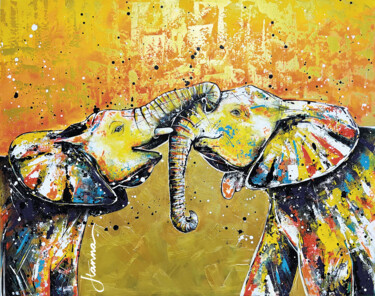 Painting titled "Pareja de Elefantes" by Yohanna Albornoz, Original Artwork, Acrylic Mounted on Wood Stretcher frame