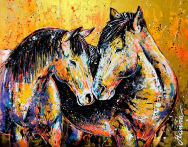 Painting titled "Pareja de Caballos" by Yohanna Albornoz, Original Artwork, Acrylic Mounted on Wood Stretcher frame