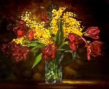 Peinture intitulée "bouquet mimosas et…" par Yola, Œuvre d'art originale, Huile